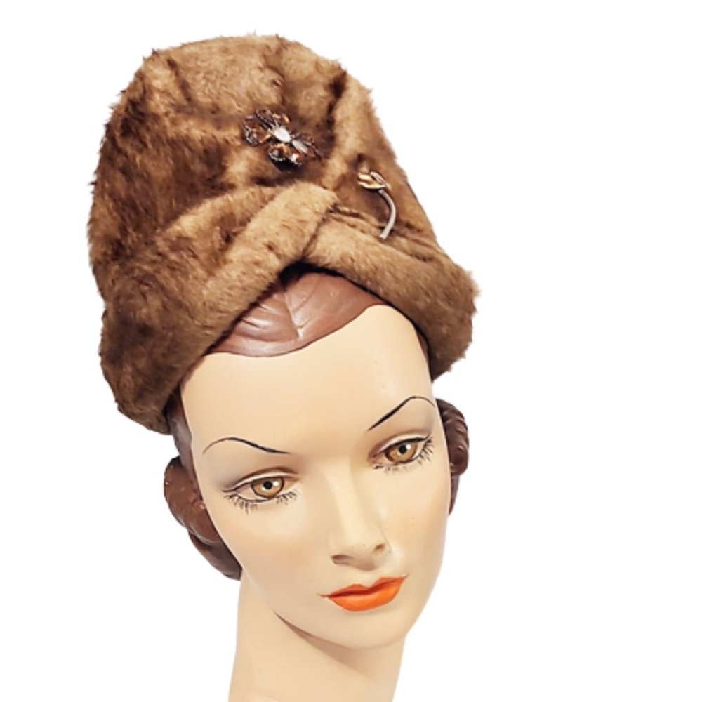 A Dramatic 1960s Vintage Fake Fur Tall Turban Style Hat With A Jeweled Accent